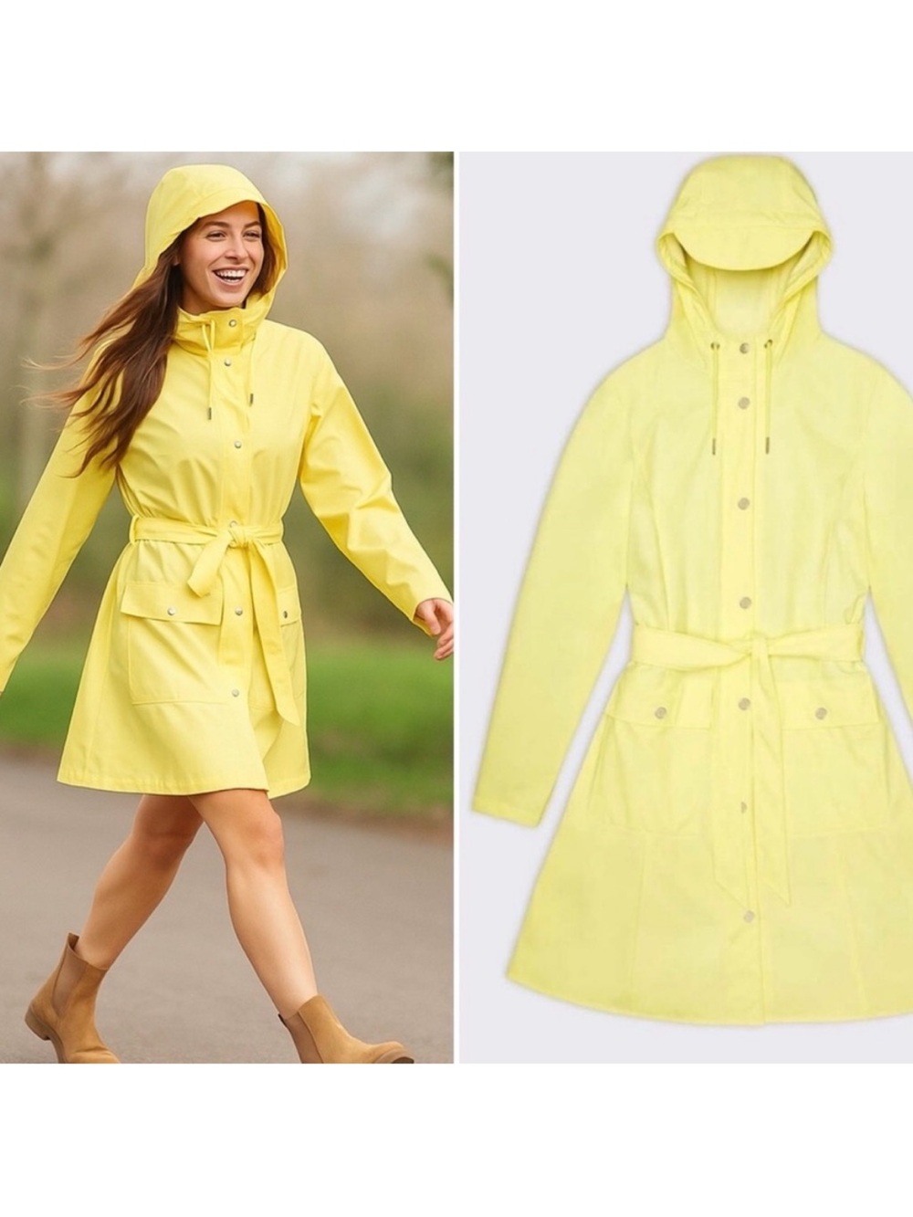 Rains Yellow Hooded Trench Coat with Waist Tie